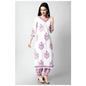 Arayna Womens Purple Floral Print Cotton Kurta & Pant Set Size M Made In India P